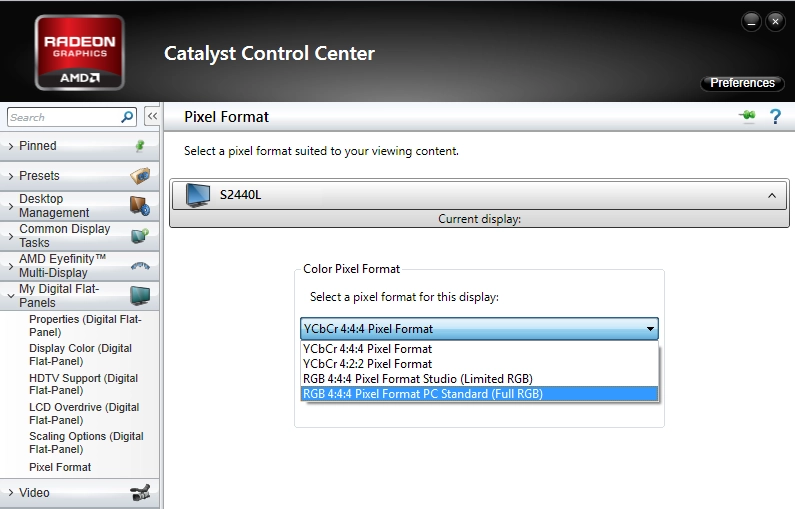 Changing to RGB 4:4:4 in Catalyst Control Centre
