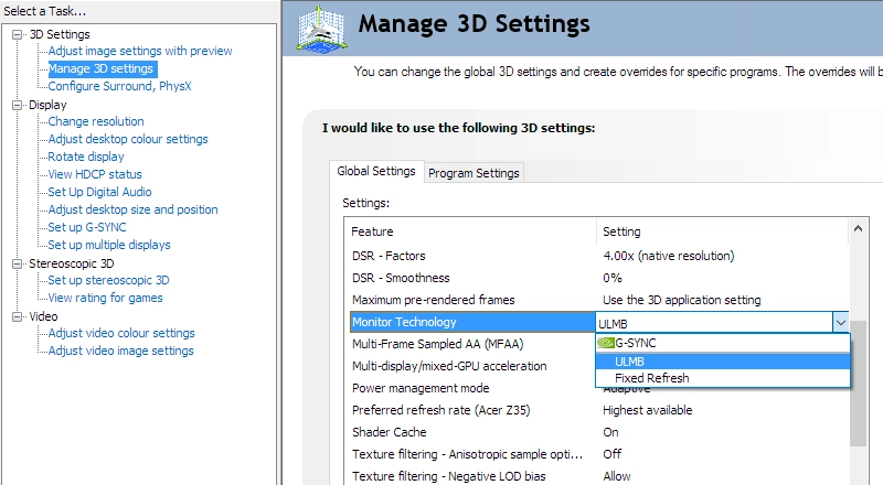 Set Monitor Technology to ULMB