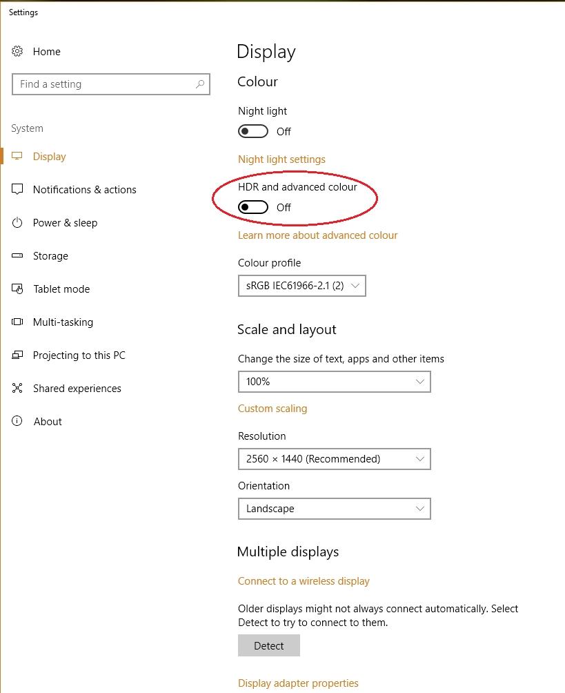 HDR and advanced colour settings