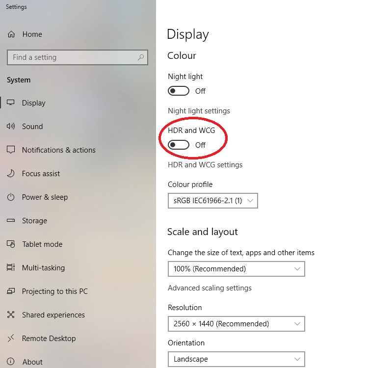 HDR and WCG settings