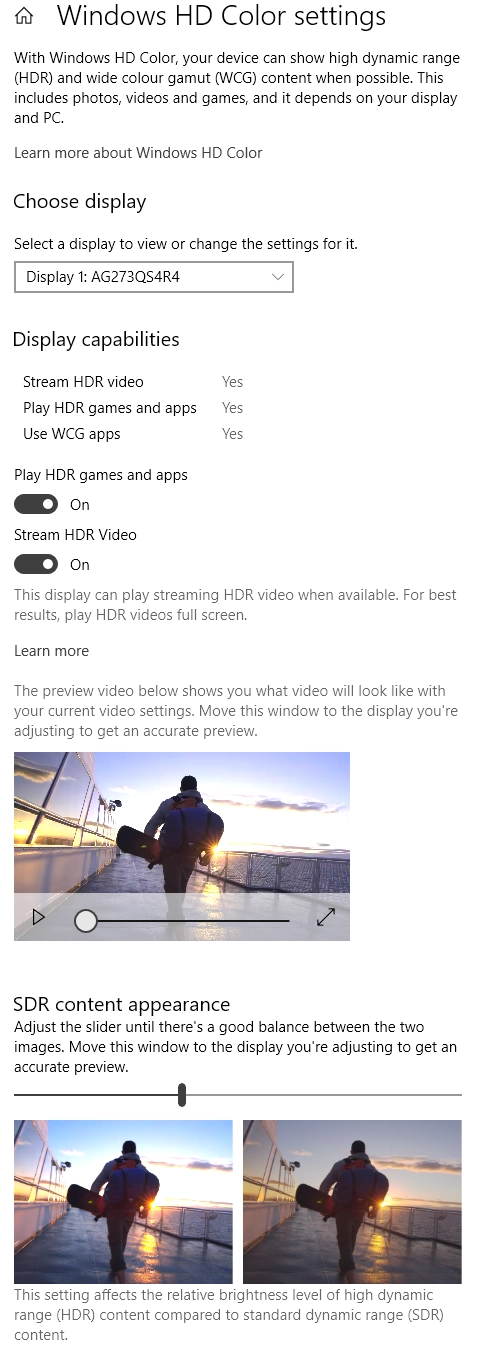 Windows HD Color settings