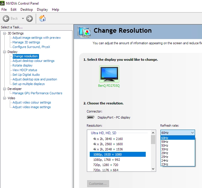 Refresh rate list (Full HD)