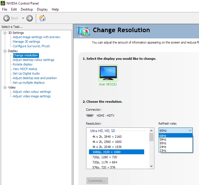 Refresh rates Full HD 1 (DP lacks 23Hz and 24Hz)